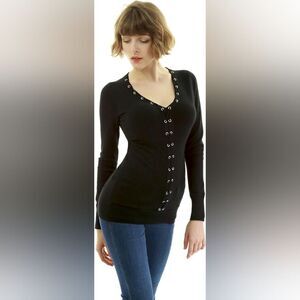 AmélieBoutik Women V Neck Eyelet Trim Long Sleeve Sweater Black S
